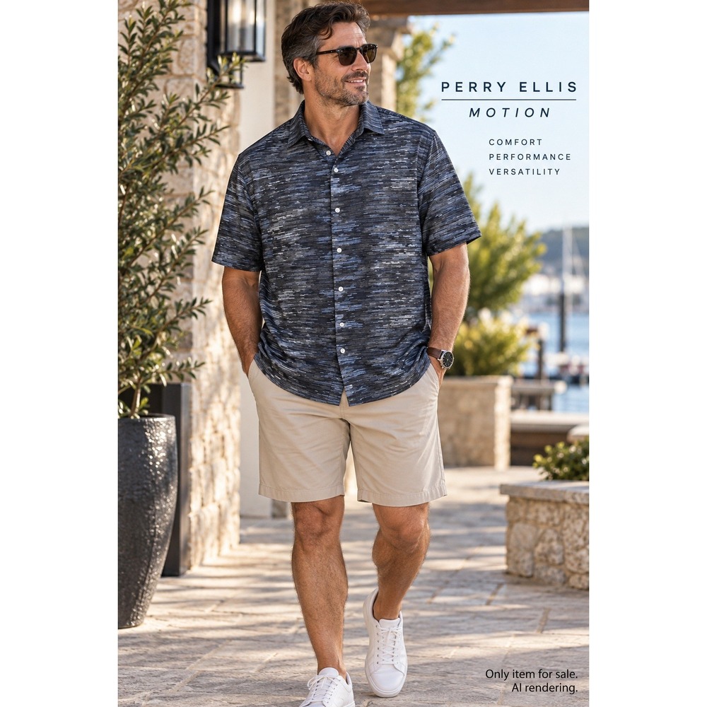 Perry Ellis 2X Motion Shirt Navy Blue Space Dye Performance Casual Button Down